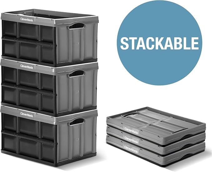 CleverMade Collapsible Storage Bins - Ocean 3 Pack 46L / 12 Gal holds 66 lbs - Stackable Containers Heavy Duty Capacity Crates Space-Saving | Carry Groceries, Tools, and Gear Without Bulky Totes | Each Bin Holds 75 lb, Stacks Securely, and Folds to 2.7...