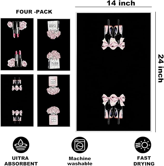 4 Pcs Black Fashion Hand Towels, Perfume Bow Decor Reusable Dish Towels | Fashion Gifts for Women Mom Girls Friend, Waffle Weave Microfiber Towels for Bathroom Home Decor 24x14 Inch