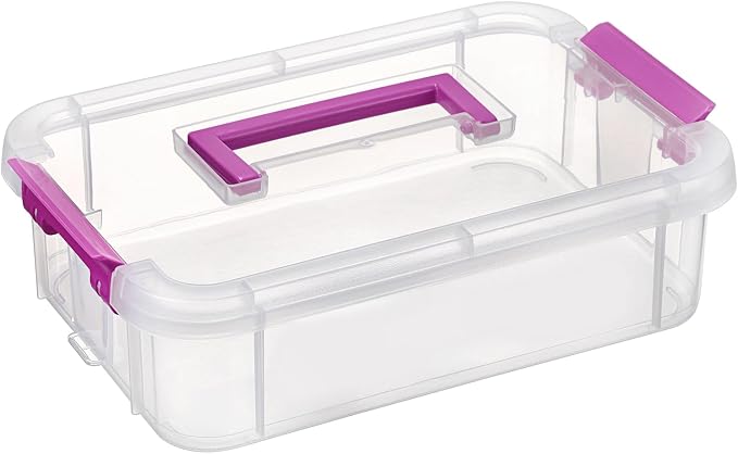 BTSKY Clear Plastic Storage Box, Portable Organizer Container Purple Handle | Stackable Storage Bin for Office Home, Multi-Use Container Box with Lid for Stationery Jewelry Craft Sewing Supplies