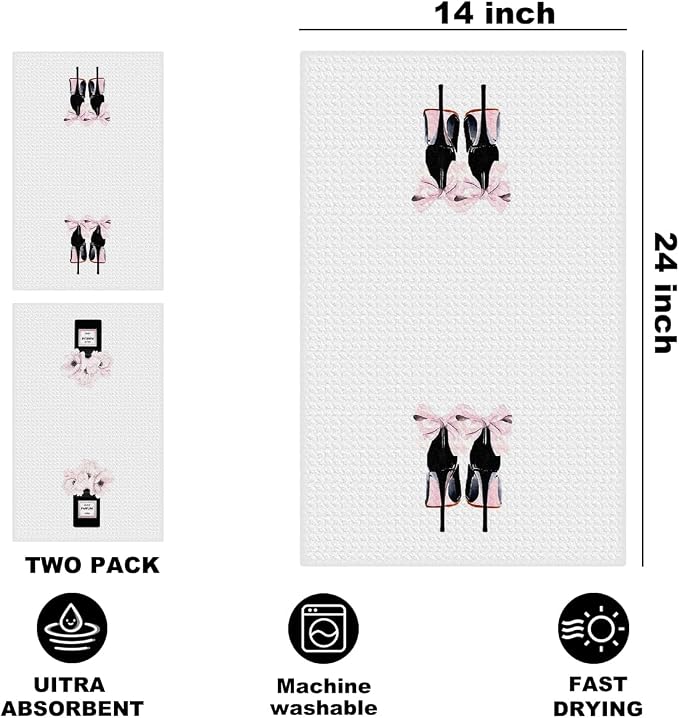 2 Pcs Pink Hand Towels, Perfume High Heeled Shoes Reusable Dish Towels | Fashion Gifts for Women Mom Girls Friend, Waffle Weave Microfiber Towels for Bathroom Home Decor 24x14 Inch