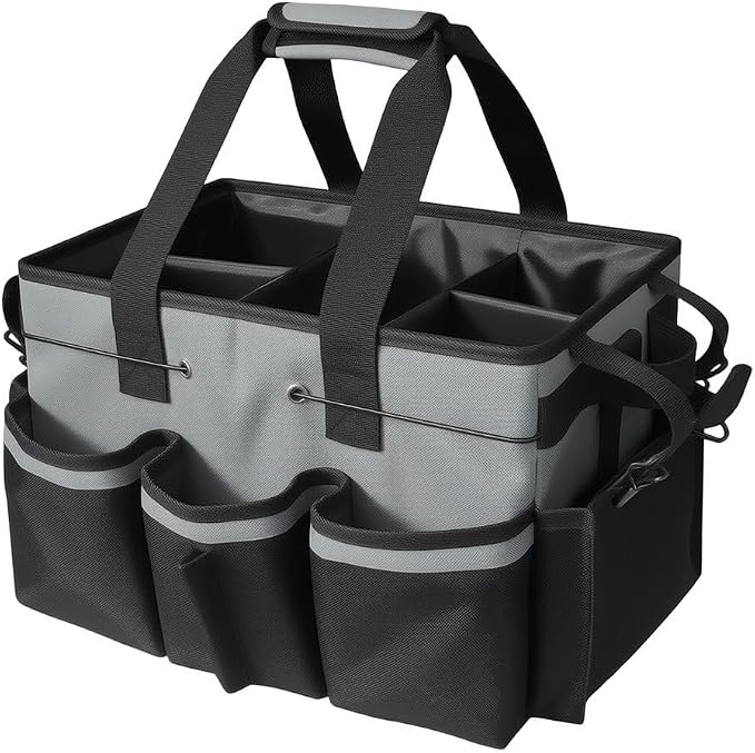 Large Cleaning Caddy Bag with Removable Divider - 600D Oxford Storage Organizer for Supplies, Tools, Spray Bottles - Portable Tote for Housekeeping, Gardening, Car Trunk - Black 14x10x9 Inch(White)