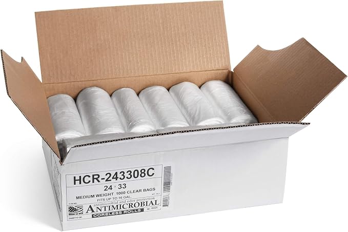 Aluf Plastics 12 - 16 Gallon Clear Trash Bags (1000 Count) - 24" x 33" - 8 Micron Equivalent High Density Value Garbage Bags for Bathroom, Office, Industrial, Commercial, Janitorial, Recycling
