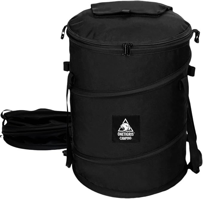 ONETIGRIS Collapsible Trash Can, 12 Gallon Camping Trash Bin with Lid | 12-gallon collapsible trash bin with lid, sorting clips and 600D Oxford fabric for camping, RV, recycling and yard waste