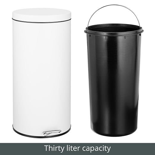 mDesign Tall 30 Liter, Large Round Metal Lidded Step Trash Can, Thin Compact Garbage Bin with Removable Liner Bucket for Bathroom, Kitchen, Craft Room, Office, Garage - White