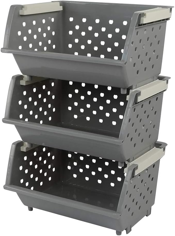 3-Pack Plastic Stackable Storage Bins, Multi-functional Basket, Grey | Stacking storage baskets, versatile open-front design for easy access to daily items