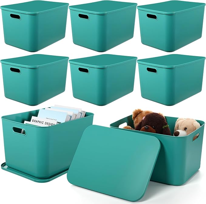 Hoolerry 8 Pack Storage Bins, 16.1 X 12.0 X 9.7 Inch Green | Plastic Stackable Containers with Lid Handle, For Shelves Desktop Playroom Office, Organizing Toys Books Supplies Storage