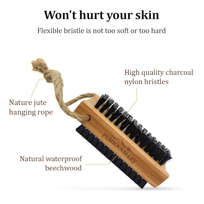 Wooden Cleaning Finger Nail Brush with Nylon Charcoal Bristles (Beechwood) | Double-Sided Fingernail Brush with Hanging Rope for Scrubbing Fingernails and Toes