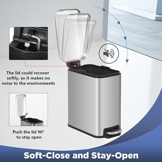1.3 Gallon Kitchen Trash Can, Stainless Steel, Removable Plastic Inner Bucket, Foot Pedal, for Bathroom,(2 Set)