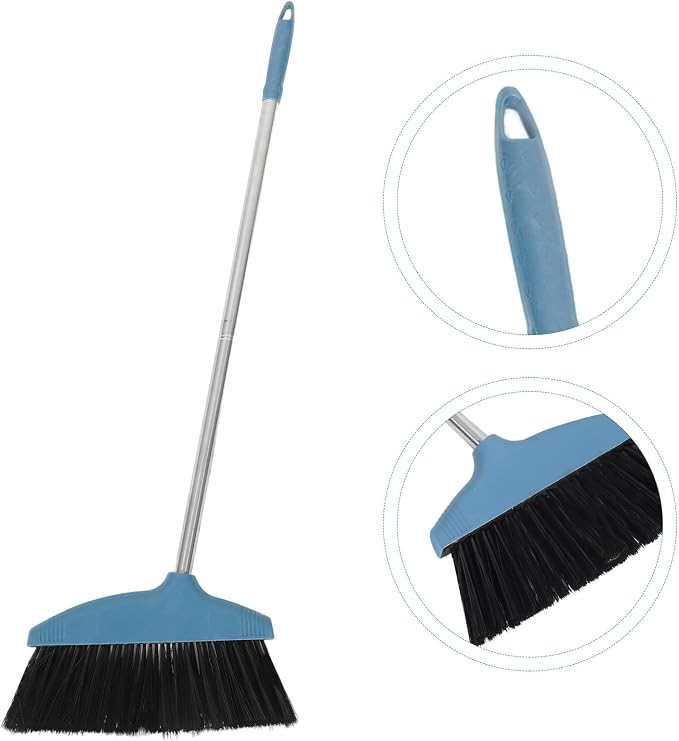 Amosfun Soft Bristle Broom with Long Metal Handle, Hair-Resistant Floor Sweeping Brush for Household Cleaning, Blue Lightweight Indoor and Outdoor Broom for Pet Hair and Dust Removal