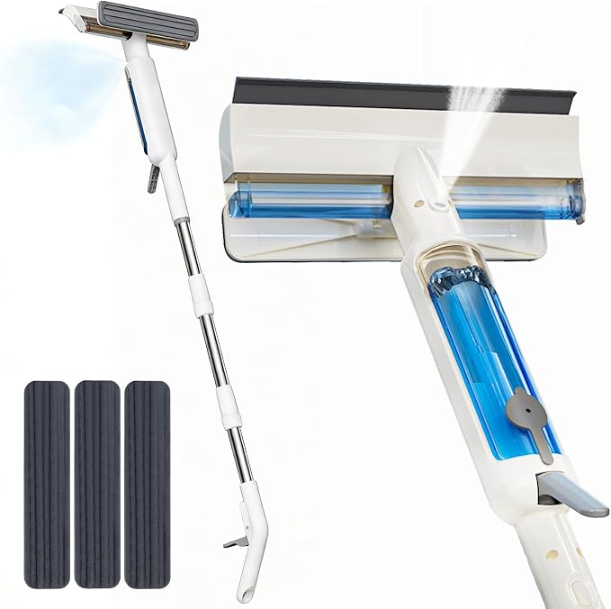 4-in-1 Window Cleaner with Extension Pole & Handle-Controlled Sprayer | 74" Extendable Window Cleaning Kit , Foam Scrubber & Reusable Pads for High Windows, Shower Doors, Mirrors & Car Glass