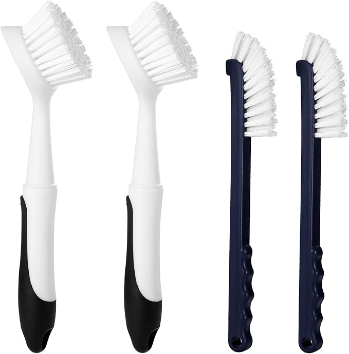 Dish Brush 2 Pack Dish Scrub Brush and 2 Pack Grout Brush | Kitchen Brushes for Dishes,Pots, Pans and Sinks Dish Brush with Handle Built-in Scraper