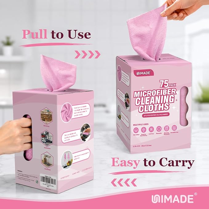 Microfiber Cleaning Cloth, 75 Sheets Microfiber Towels for Cars | Commercial Grade Washcloths Lint-Free Bulk Shop Towel Cleaning Rags for Household Restaurant Garage, 11"x 9", Pink