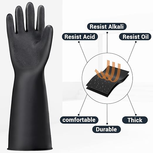 Thick Chemical Resistant Gloves, 3 Pairs 18" Long Anti Slip Diamond Grip Black Waterproof Alkali/Acid/Oil Resistant Reusable Heavy Duty Rubber Gloves for Cleaning, Dishwashing, Gardening