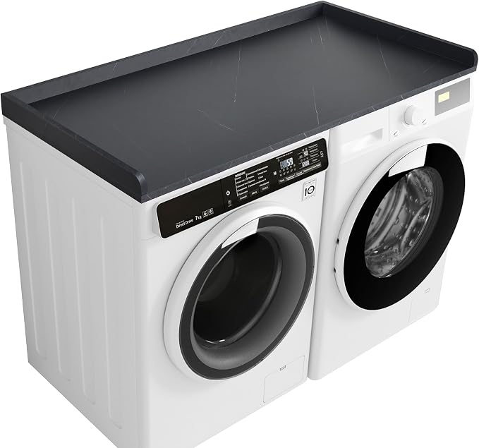 Washer Dryer Countertop, Melamine Countertop with Edge Rails - 27.5" Depth x 54" Width Laundry Room Organization, Cloud Atlas/Black Marble Pattern