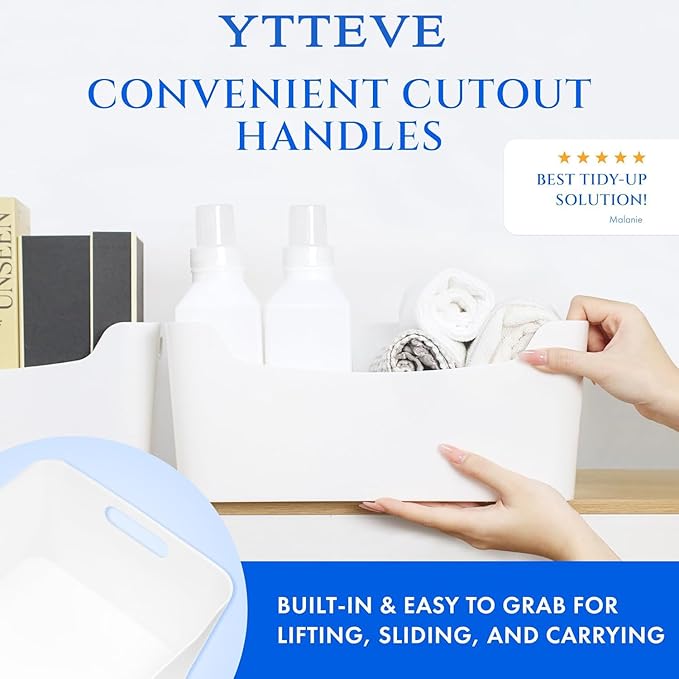 Ytteve 6-Pack Mixed Size White Plastic Storage Bins – Includes 2 Large (13"x9.5"x5.7") & 4 Medium (9.5"x6.7"x4.1") – Versatile Shelf Organizers for Kitchen Pantry, Closet, Bathroom, Office & Cabinet