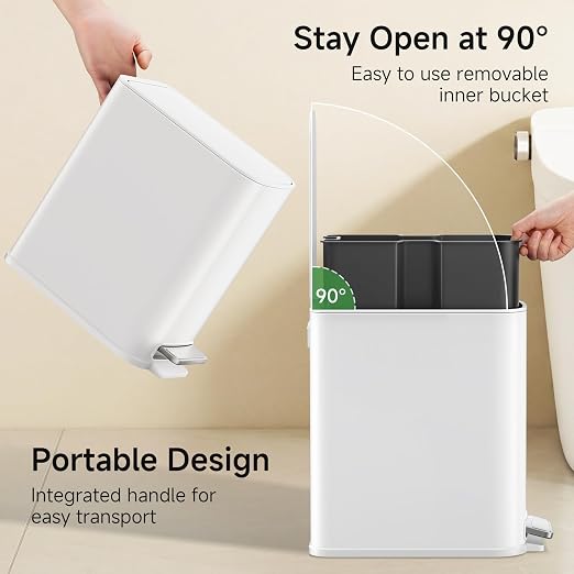 TIPGO Small Bathroom Trash Can with Lid Soft Close,1.3 Gallon, White | Step Pedal, Removable Inner Bucket, 5 Liter Slim Stainless Steel Garbage Can for Bedroom, Office, Kitchen