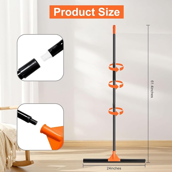 BUVE 24" Heavy Duty Large Floor Squeegee for Concrete Tile Cleaning | Double-layer Rubber Wiper Broom for Water Removal|60" Long Metal Handle for Garage Deck Bathroom Pool Glass Commercial|Orange