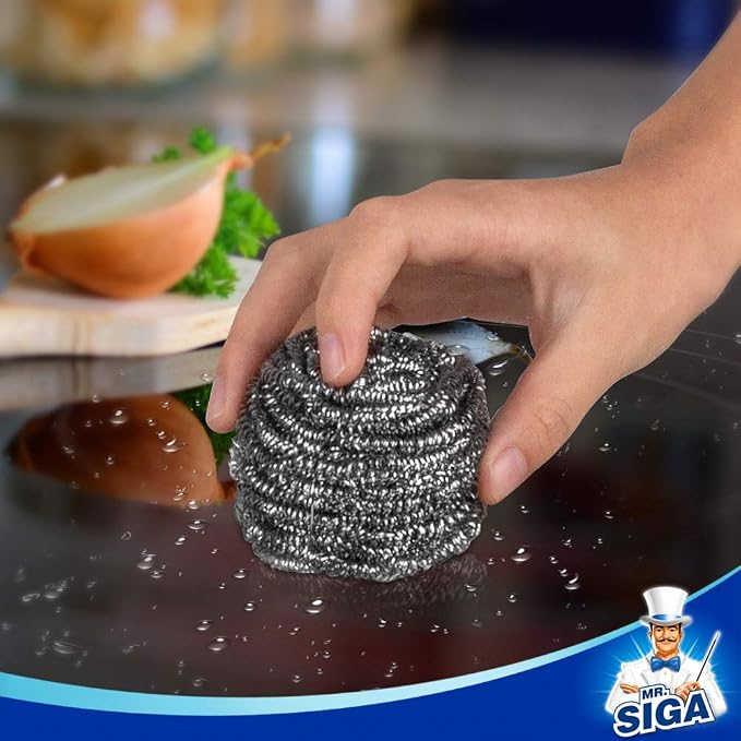 MR.SIGA Stainless Steel Scourer, Steel Wool Scrubbers, Pack of 6 | Scouring pads for cleaning tough baked-on messes, metal scrubbers for cleaning dishes pots, pans, grills and sinks