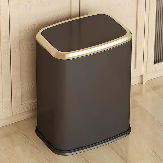 2 Gallon Small Office Bathroom Trash Can with Swing Lid,Living Room Bedroom Garbage can Wastebasket bin,Inner Bucket, Metal Decor Trash Can (Black Gold)