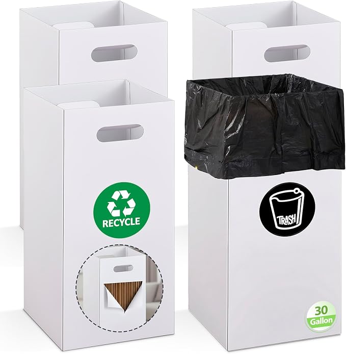 4 Pack Disposable Trash Cans for Parties, 30 Gallon Extra Large Thick Recycled Corrugated Cardboard Trash Bin, Collapsible Garbage Cans with 8 Bags for Wedding, Birthday, Backyard Party Event