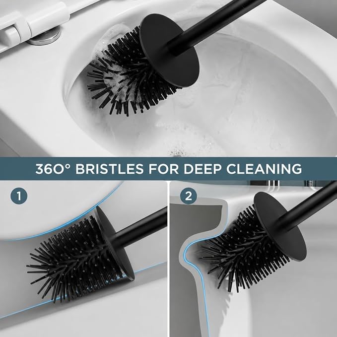 FORIOUS Stainless Steel Toilet Bowl Brush Scrubber and Holder Set Short | Black, Extended Handle, Removable Inner Bowl, Stable Splash Guard, Steel Joint, Scratch‑Resistant Bristles, for Bathroom RV