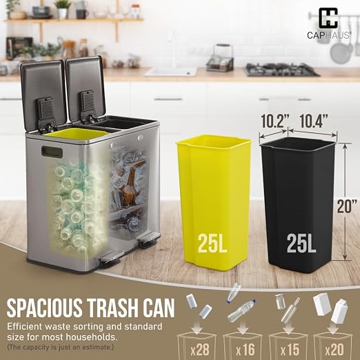 CAPHAUS Black Dual Trash Can w/Double Lid, Trash & Recycle Bins Combo, Hands-Free Stainless-Steel Garbage Can for Kitchen, with 2 Compartment, Hinged Lid, Odor Filters, Handles, 25L+25L, 2 x 6.6 Gal
