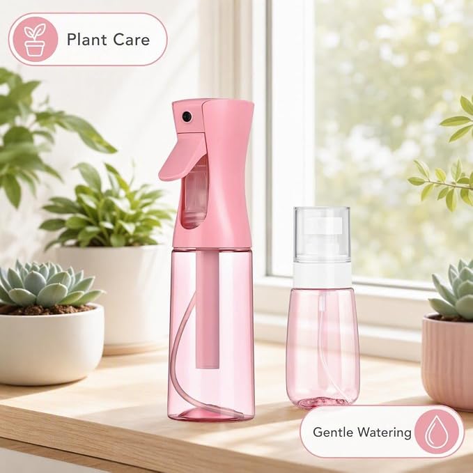 2 Pack Spray Bottles, 6.8oz(200ml) Continuous Spray Bottles & 2oz(60ml) Travel Spray Bottle, Refillable Pink Water Sprayer for Hairstyling, Barbers, Plants, Cleaning, Skincare (PINK)