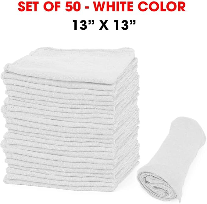 Shop Towels – Pack of 50 Reusable Cleaning Rags – Durable Quality Cotton – 13" x 13"– Machine Washable – Suitable for All Purposes (White)
