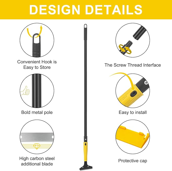 KeFanta Scraper Tool, 4" Wide Heavy Duty Floor Scraper, 45.7" Long Handle | 10PCS Extra Metal Blades, Razor Blade Scraper For Cleaning Windows Glass Shower Gum Tile Ceiling