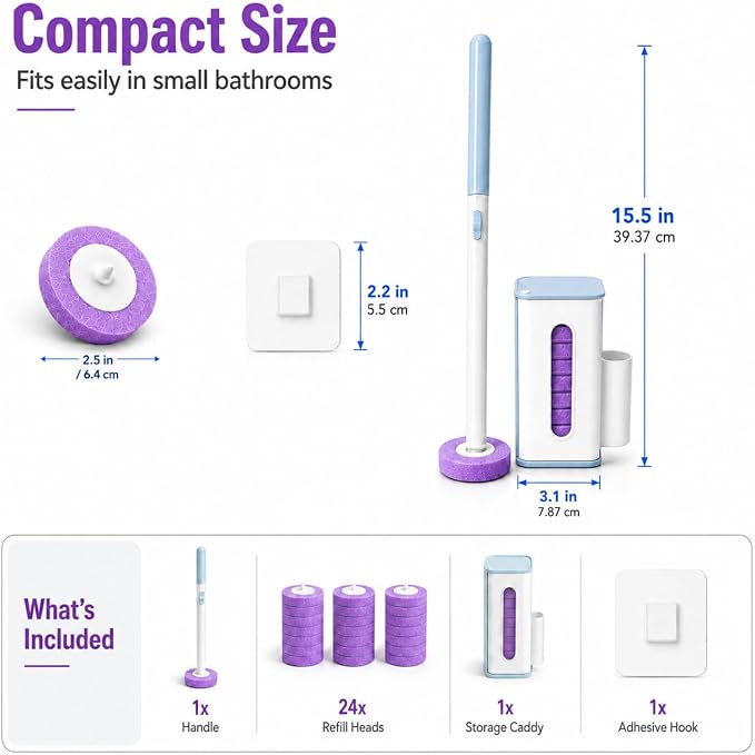 Disposable Toilet Bowl Cleaner Wand with Holder Set, Wall-Mounted | Hands Free Toilet Scrubber Wand, Bathroom Cleaning Supplies, 1 Wand and Holder with 24 Purple Refills, Light Lavender Scent