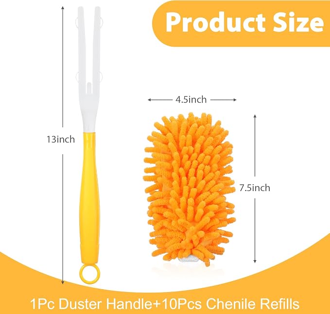 11-Pack Reusable Duster Kit – Heavy Duty Chenille Refills with Handle, 360° Microfiber Dusting for Home & Office (Orange)