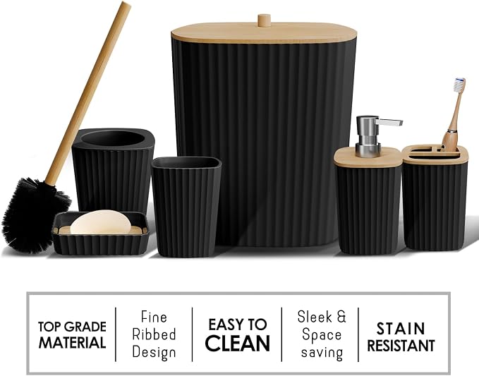 Clara Clark Bathroom Set - Black Bathroom Accessories Set, 6PC Bathroom Accessory Set, Bathroom Sets with Bathroom Rugs, Adhesive Corner Shower Caddy Hanging, Toilet Brush, Trash Can & Soap Dispenser