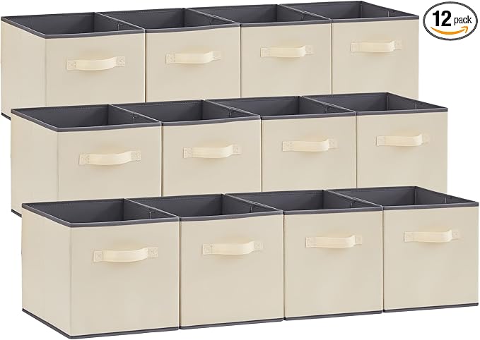 Lifewit Storage Cubes, 11 Inch Organizer Bins, 18L Beige, 12 Packs | Foldable Decorative Fabric Storage Baskets for Organizing Home Organizers with Handles for Shelves, Closet