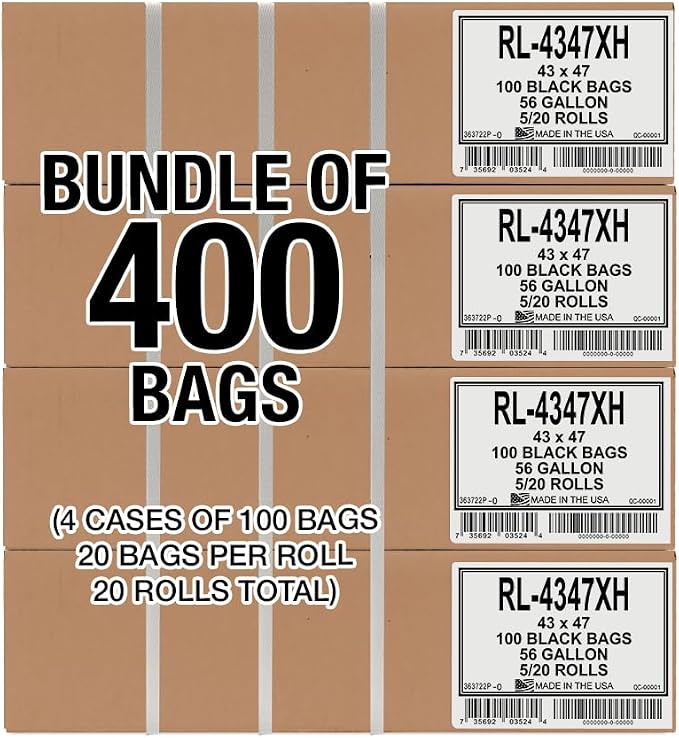 Aluf Plastics 56 Gallon Trash Can Liners (400 Count) - 43" x 47" - Thick 1.5 MIL Equivalent Black Trash Bags for Bathroom, Kitchen, Office, Industrial, Commercial, Recycling and More