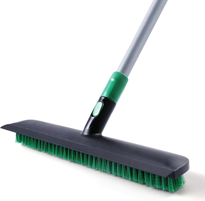Eyliden Scrub Brush with Squeegee, Floor Deck Tile Bath Cleaning Scrubber | 15-inch Wide, 45° Angle 2-in-1 Stiff Bristles & Rubber Head, 55" Telescoping Long Handle, for Shower Kitchen Patio Garage