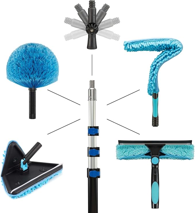 20ft Painted Wall Mop, 12ft Extension Pole, High Ceiling Cleaning Tool | Heavy Duty, 3-in-1 Cleaning Kit, 4 Microfiber Chenille Pad, Cobweb Duster, Fan, Baseboard, Window Squeegee Kit