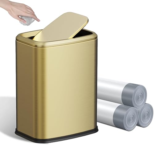 8L/2.1 Gallon Small Bathroom Trash Can with Lid, Swing-Top Rectangular Waste Bin, Stainless Steel Garbage Can for Home, Office, Toilet, Bedroom, Living-Room (Gold)