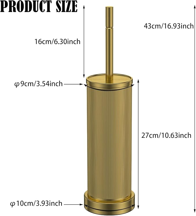 Metal Vertical Grain Toilet Bowl Brush and Holder Set Scrubber Warm Gold | Extra Long Handle with Splash Guard Cover, Bathroom Space-Saving, Heavy Durable Deep Cleaning, Cleaner Sets for Apartments