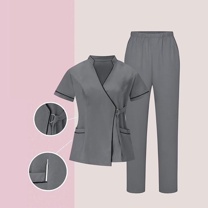Housekeeping Uniforms for Women Hotel Cleaning Nurse Scrub Sets Stretch Wrap V-Neck Short Sleeve Top and Pants