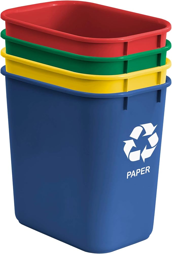 Acrimet Wastebasket Bin for Recycling, 6.75 Gallon/ 27 Quart/ 25.552 Liter (Made of Plastic) (Metal/Yellow, Paper/Blue, Glass/Green, Plastic/Red) (Set of 4)