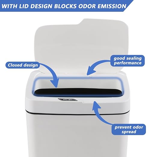 4 Gallon Plastic Automatic Bathroom Trash Can with Lid, 15 L, White | Touchless Motion Sensor Trash Can for Kitchen Bedroom Office