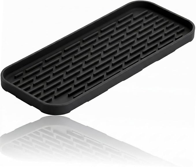Silicone Organizer Tray, Soap and Sponge Holder for Kitchen Sink, Bathroom - Storage Tray for Dish Brush, Soap Dispenser, Dishwashing Accessories-(Black 1 Pack, 12"x4.7")