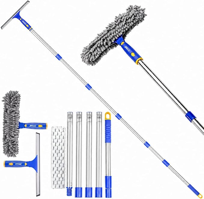 Window Squeegee with 88 Inch Extension Pole, Rotatable Window Cleaning Kit with Long Handle, Rubber Blade & Microfiber/Chenille Pads Glass Cleaner Tool for Outdoor Windows, Glass, Car