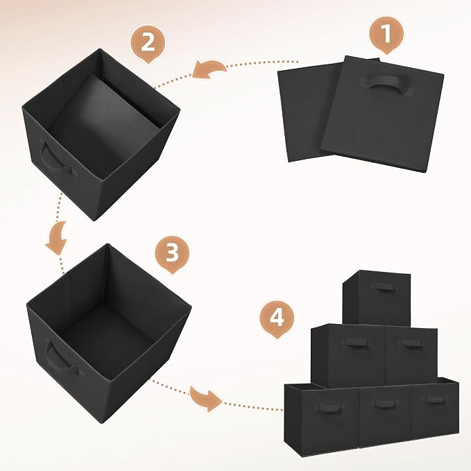 STORAGE MANIAC Storage Cubes, 11 Inch Durable 6 Pack Fabric Foldable Collapsible Bins with Handles for Organization, Closet, Shelves, Offices, Toys, Black