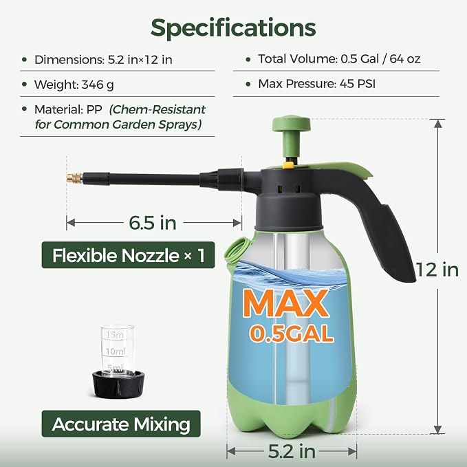T4U Pump Sprayer 0.5 Gallon, Garden Spray Bottle with Flex Wand | Flexible long-reach nozzle for hanging baskets and hard-to-reach plants; hand pump for lawn care, cleaning and car detailing