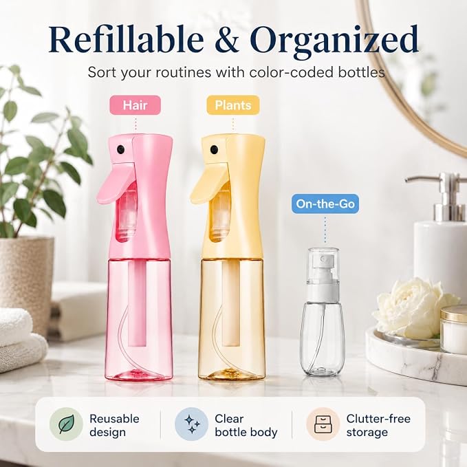 3 Pack Spray Bottles, Continuous Mist Sprayer, Water Spray Bottle for Hair, Hair Mister, 200ml x2 + 30ml Refillable Fine Mist Set - for Styling, Plants, Cleaning & Home Use (Pink & Yellow)