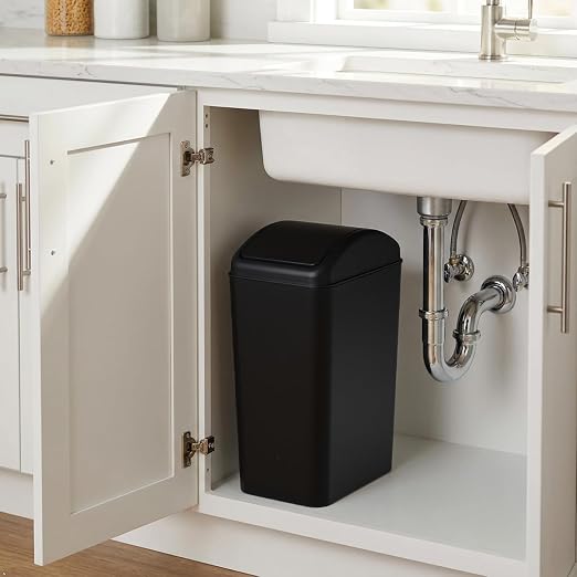 4 Gallon/16L Plastic Swing Lid Garbage Bin, Black Slim Trash Can | Swing Top, For Home Office Dorm