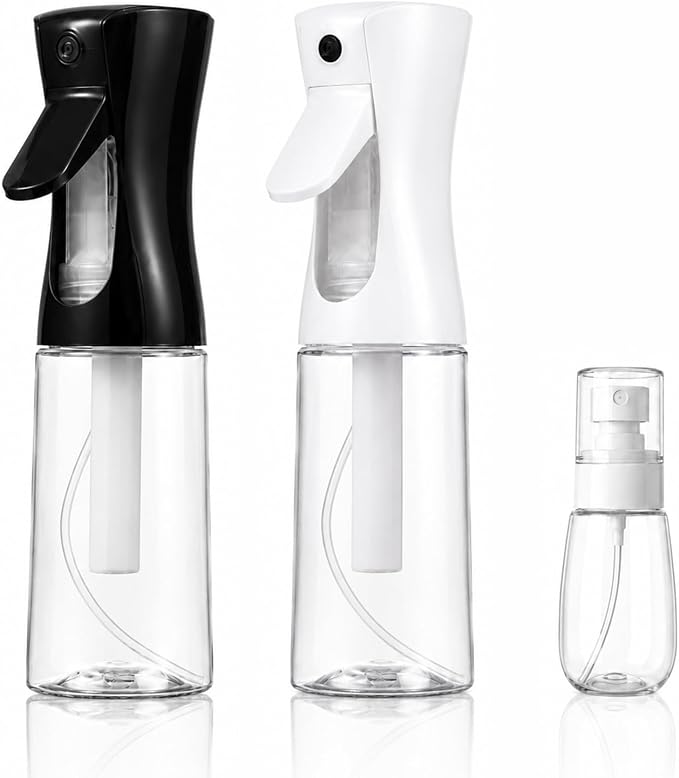 3 Pack Spray Bottles, Continuous Mist Sprayer, Water Spray Bottle for Hair, Hair Mister, 200ml x2 + 30ml Refillable Fine Mist Set - for Styling, Plants, Cleaning & Home Use (Black & White)