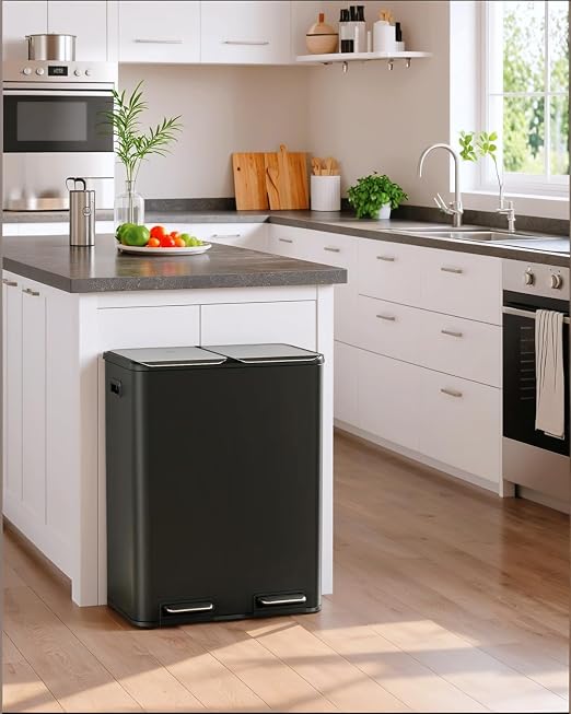 TLSUNNY 2 X 8 Gallon Double Compartments Kitchen Trash Can, Stainless Steel | Dual Trash and Recycling Bins with Odor Control, Soft-Close Lid, Removable Inner Bucket, Handle, Pedal, for Home, Black