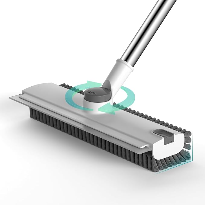 Floor Scrub Brush with Long Handle Length Adjustable, 3 in 1 Heavy-Duty Stiff 90° Bristle Floor Scrubber Broom with Squeegee, for Bathroom, Garage, Kitchen, Tile, Deck & Patio (White)
